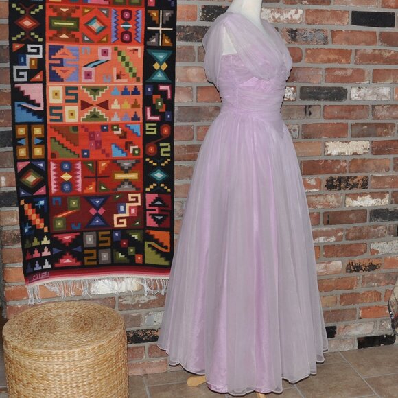 Vintage 50s Pink Ruched Tulle Layer Crinoline Grad Prom Gown Dress XS Waist 24" - Picture 6 of 13